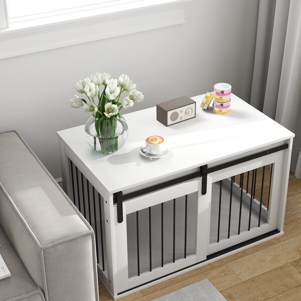 PawHut Psí Kotec s Uzamykatelnými Posuvnými Dveřmi Moderní Kovový Kotec pro Domácnost pro Velké Psy do 30 kg Boční Stolek 98 x 58 x 61 cm Bílá | Aosom