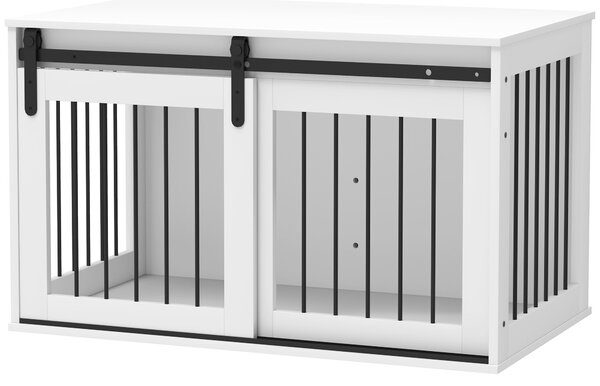 PawHut Psí Kotec s Uzamykatelnými Posuvnými Dveřmi Moderní Kovový Kotec pro Domácnost pro Velké Psy do 30 kg Boční Stolek 98 x 58 x 61 cm Bílá | Aosom