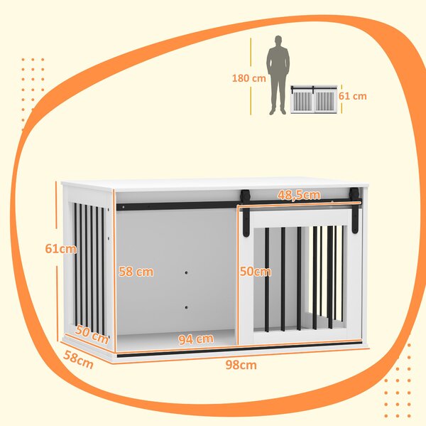 PawHut Psí Kotec s Uzamykatelnými Posuvnými Dveřmi Moderní Kovový Kotec pro Domácnost pro Velké Psy do 30 kg Boční Stolek 98 x 58 x 61 cm Bílá | Aosom