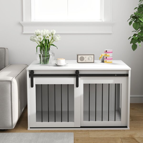 PawHut Psí Kotec s Uzamykatelnými Posuvnými Dveřmi Moderní Kovový Kotec pro Domácnost pro Velké Psy do 30 kg Boční Stolek 98 x 58 x 61 cm Bílá | Aosom