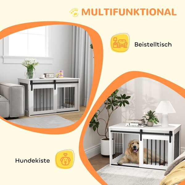 PawHut Psí Kotec s Uzamykatelnými Posuvnými Dveřmi Moderní Kovový Kotec pro Domácnost pro Velké Psy do 30 kg Boční Stolek 98 x 58 x 61 cm Bílá | Aosom