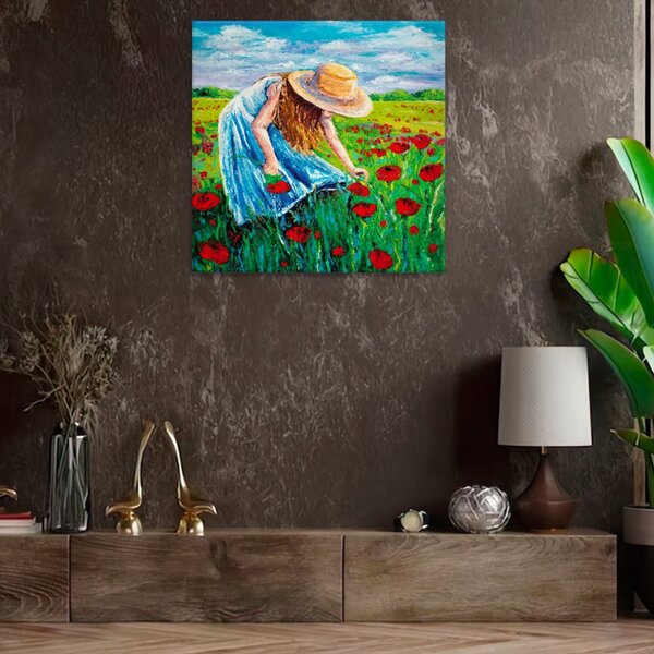 Obraz na plátně - Dívka trhající polní květy - 40x40 cm