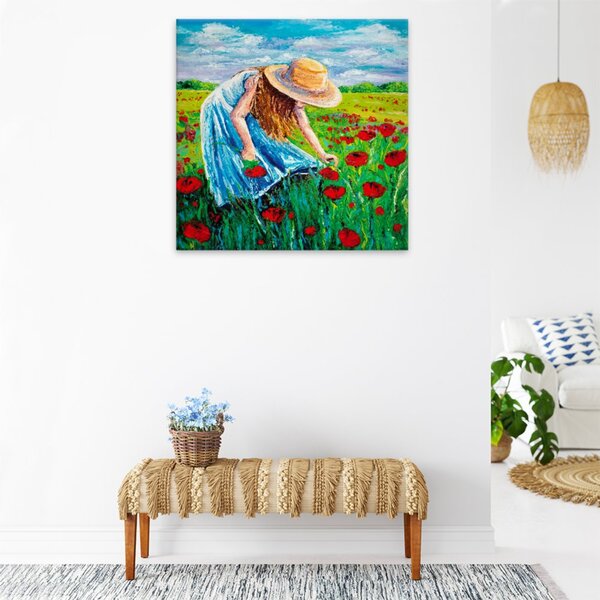 Obraz na plátně - Dívka trhající polní květy - 40x40 cm