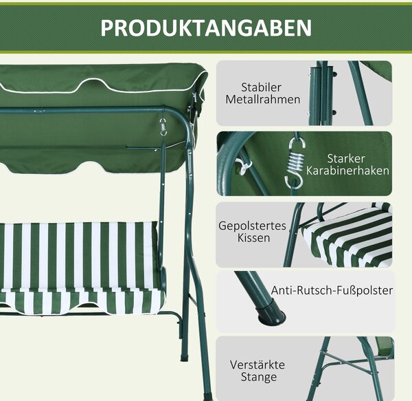 Outsunny Hollywood houpací lavice, 3-místná zahradní houpačka, houpačka s nastavitelným slunečníkem, ocelový rám, zelená 170 x 110 x 153 cm | Aosom