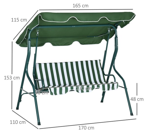 Outsunny Hollywood houpací lavice, 3-místná zahradní houpačka, houpačka s nastavitelným slunečníkem, ocelový rám, zelená 170 x 110 x 153 cm | Aosom