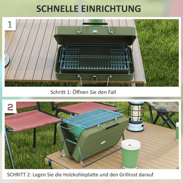 Outsunny Stolní gril na dřevěné uhlí, gril na dřevěné uhlí s tácem na uhlí, grilovací stojan na kempování s rukojetí pro piknik, zahradu, nerezová oce