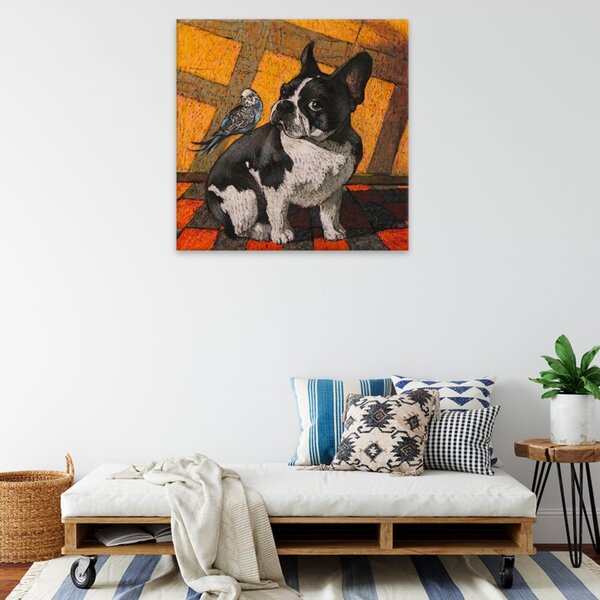 Obraz na plátně - Buldoček s ptáčkem - 40x40 cm