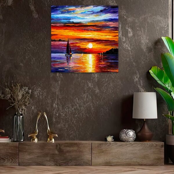 Obraz na plátně - Západ slunce a loď - 40x40 cm