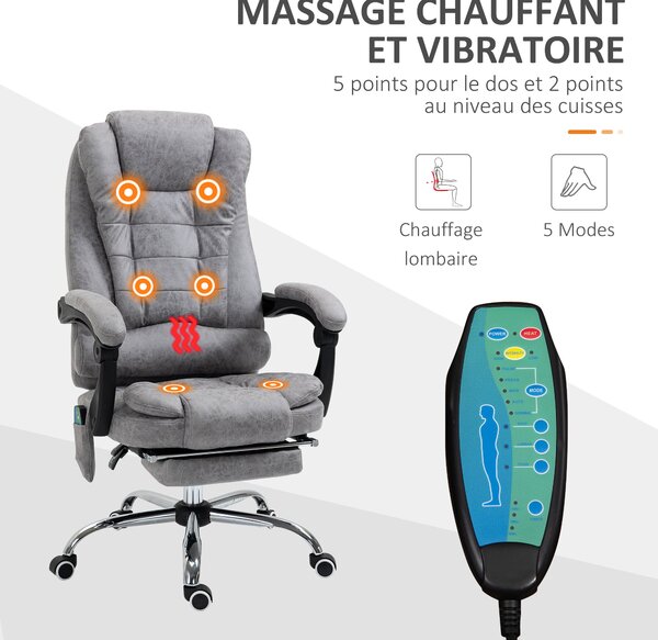 Vinsetto Masážní Hřejivá Kancelářská Židle Ergonomická S Nastavitelnou Výškou A Sklopným Opěradlem Z Mikrovlákna Šedá | Aosom