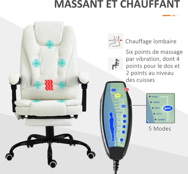 Vinsetto Masážní Kancelářská Židle, Ergonomická Židle s Nastavitelnou Výškou, Sklopným Opěradlem a Ovládáním na Kabel, Sklopnou a 360° Otočnou Podnoží