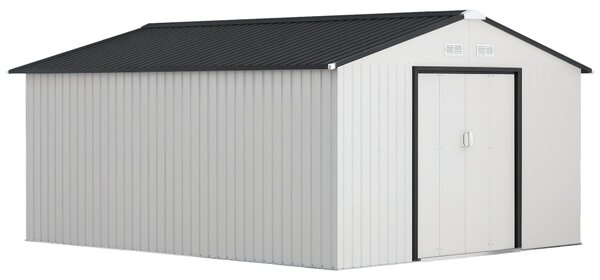 Zahradní kůlna Outsunny 12,4 m² 340x386x200 cm se skládacími dveřmi, šikmou střechou a zesíleným základem (podlaha není součástí) a 4 okny - Bílá | Ao