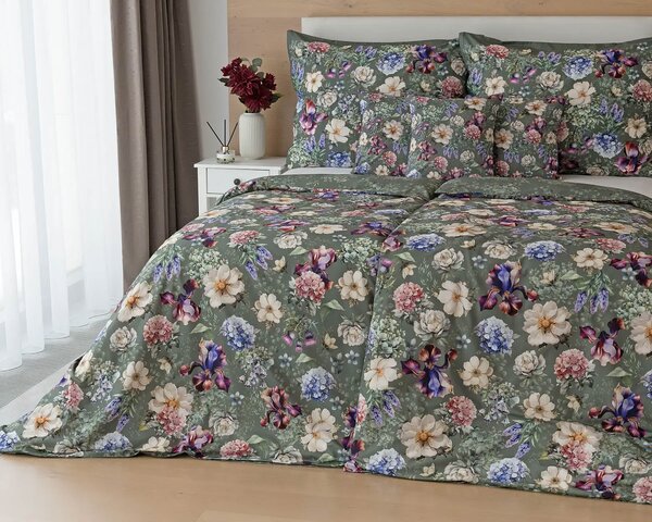 Matějovský Povlečení JACQUELINE, květinový vzor, tmavě zelené, bavlna hladká, digitál, 140x200cm + 70x90cm