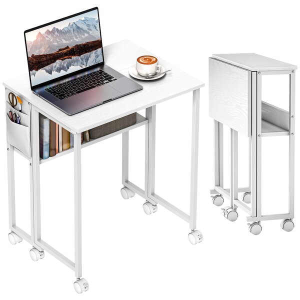 HOMCOM Folding Small Desk 63 cm | Space-Saving Rolling Computer Desk with Shelf & Side Pocket, White | Aosom