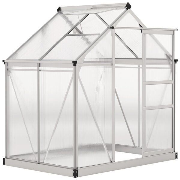 Outsunny hliníkový skleník 2,51 m² — 190 × 132 × 201 cm, pozinkovaný podstavec, střešní větrání, posuvné dveře, 4 mm UV-odolné PC panely — venkovní za