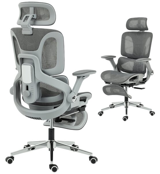HOMCOM ergonomická síťovaná kancelářská židle — 4D područky, nastavitelná opěrka hlavy a hloubka sedáku, bederní opora, sklápění 135° s opěrkou nohou