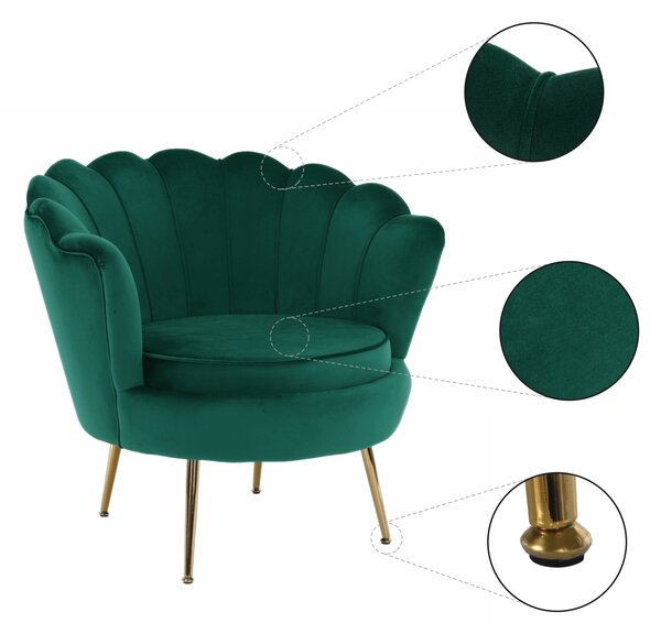 KONDELA Křeslo ve stylu Art-deco, smaragdová Velvet látka / gold chrom-zlatý, NOBLIN