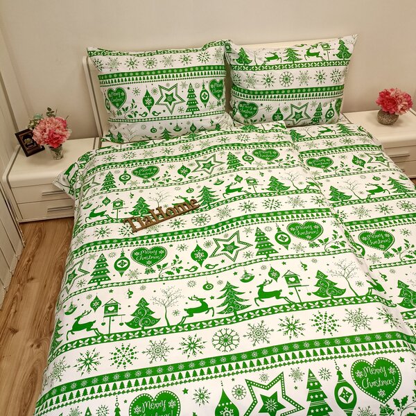 Povlečení bavlněné Vánoční povlečení Christmas zelené - 1x Polštář 90x70cm, 1x Přikrývka 140x200cm