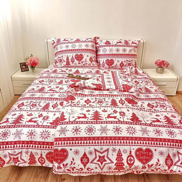 Povlečení bavlněné Vánoční povlečení Santa červený - 1x Polštář 90x70cm, 1x Přikrývka 140x200cm