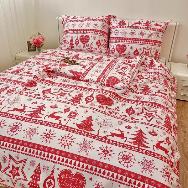 Povlečení bavlněné Vánoční povlečení Santa červený - 1x Polštář 90x70cm, 1x Přikrývka 140x200cm