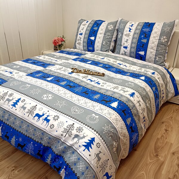 Povlečení bavlněné Vánoční povlečení Sobík modré - 1x Polštář 90x70cm, 1x Přikrývka 140x200cm