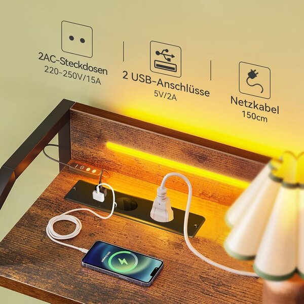 Komoda s 8 zásuvkami potaženými látkou, LED osvětlením, 2 USB porty a 2 zásuvkami na 230V, rozměry 110x30x88 cm, vintage styl
