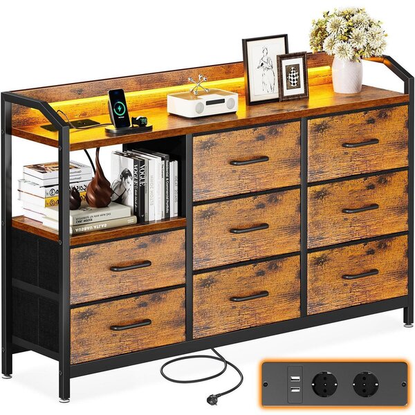 Komoda s 8 zásuvkami potaženými látkou, LED osvětlením, 2 USB porty a 2 zásuvkami na 230V, rozměry 110x30x88 cm, vintage styl
