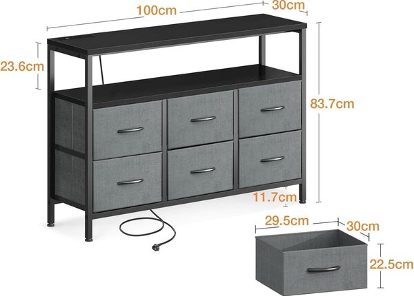 Komoda se 6 zásuvkami potaženými látkou, 2 zásuvkami, 2 USB porty, černá barva, rozměry 100x30x85,2 cm