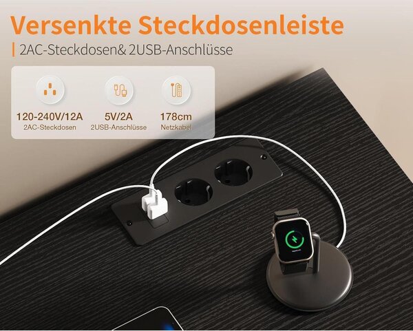 Komoda se 6 zásuvkami potaženými látkou, 2 zásuvkami, 2 USB porty, černá barva, rozměry 100x30x85,2 cm