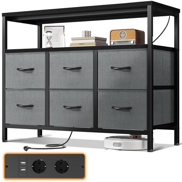 Komoda se 6 zásuvkami potaženými látkou, 2 zásuvkami, 2 USB porty, černá barva, rozměry 100x30x85,2 cm