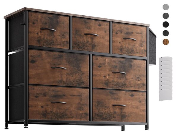Komoda z masivního dřeva s 7 velkými zásuvkami, boční kapsou a háčky, rustikální hnědá barva, 100B x 78H cm