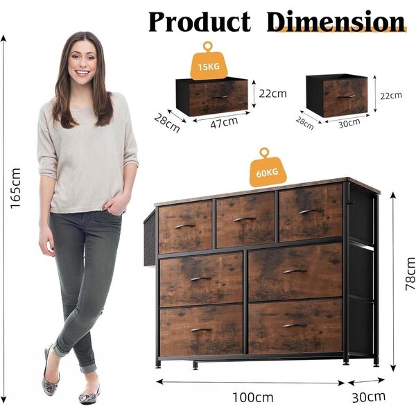 Komoda z masivního dřeva s 7 velkými zásuvkami, boční kapsou a háčky, rustikální hnědá barva, 100B x 78H cm