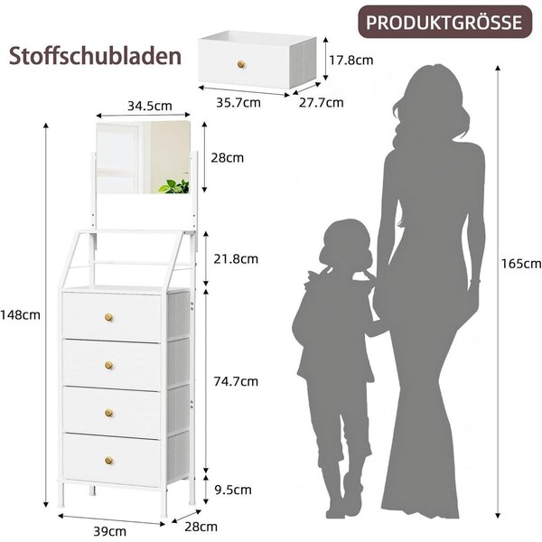 Komoda se zrcadlem, 4 zásuvky z látky, bílá, 147 cm