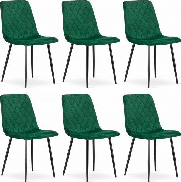 SCANNO židle tmavě zelená velur čalouněná kovovými nohami rozměry 45x89x53 cm do obývacího pokoje, ložnice, 6 kusů, nosnost do 110 kg
