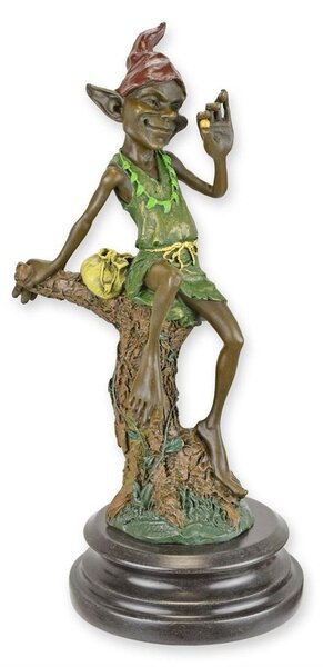 Bronzová socha - Skřítek sedící na větvi pohádková figurka