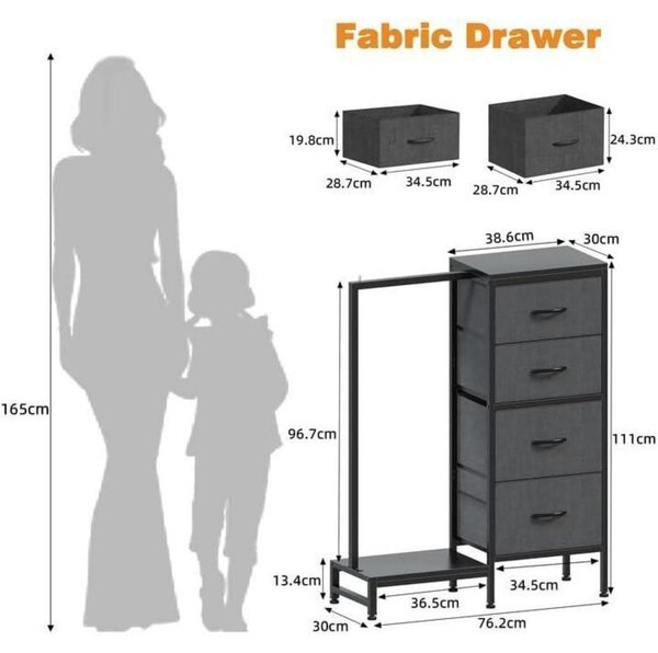 Komoda se 4 zásuvkami potaženými látkou a s tyčí na zavěšení oblečení, šedá barva, 111 cm, 76,5B x 30T cm