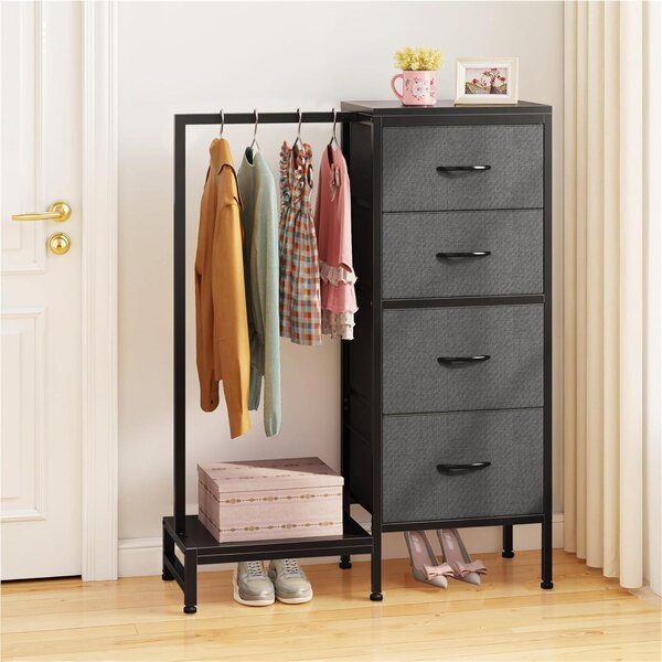 Komoda se 4 zásuvkami potaženými látkou a s tyčí na zavěšení oblečení, šedá barva, 111 cm, 76,5B x 30T cm