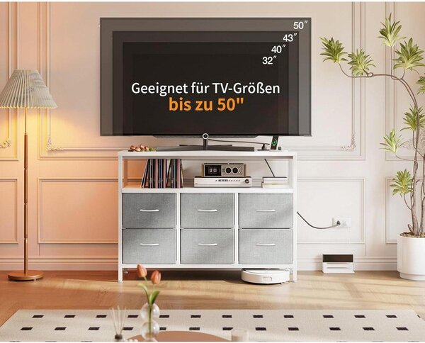 Komoda se 6 zásuvkami potaženými látkou, 2 zásuvkami, 2 USB porty, rozměry 100x30x85,2 cm, bílá barva