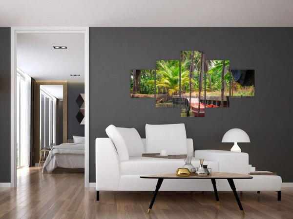 Obraz - Dřevěná loď na kanále, Thajsko (125x70 cm)