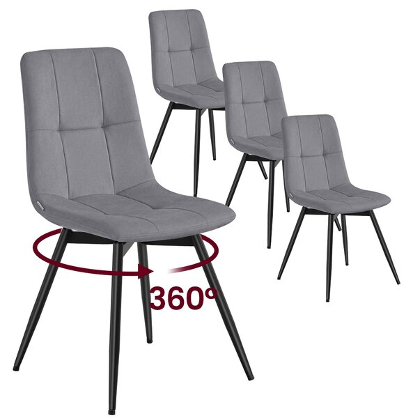 VASAGLE jídelní židle, set 4 kusů, otočné o 360°, ergonomická sametová židle, rozměry 43 x 52 x 83 cm, šedá barva
