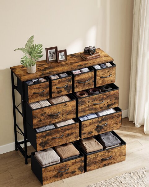 SONGMICS Komoda s 10 zásuvkami z látky, úložná skříň s kovovou konstrukcí, rozměry 98,7 x 30 x 96,2 cm, hnědá
