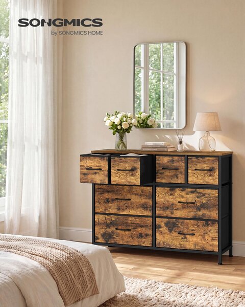 SONGMICS Komoda s 8 zásuvkami z látky, úložná skříň s kovovou konstrukcí, rozměry 98,7 x 30 x 74,7 cm, barva: béžová