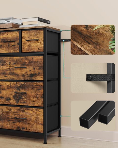 SONGMICS Komoda s 10 zásuvkami z látky, úložná skříň s kovovou konstrukcí, rozměry 98,7 x 30 x 96,2 cm, hnědá