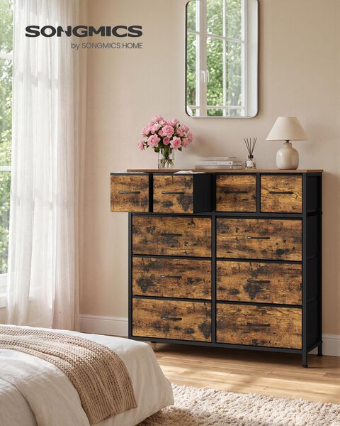 SONGMICS Komoda s 10 zásuvkami z látky, úložná skříň s kovovou konstrukcí, rozměry 98,7 x 30 x 96,2 cm, hnědá