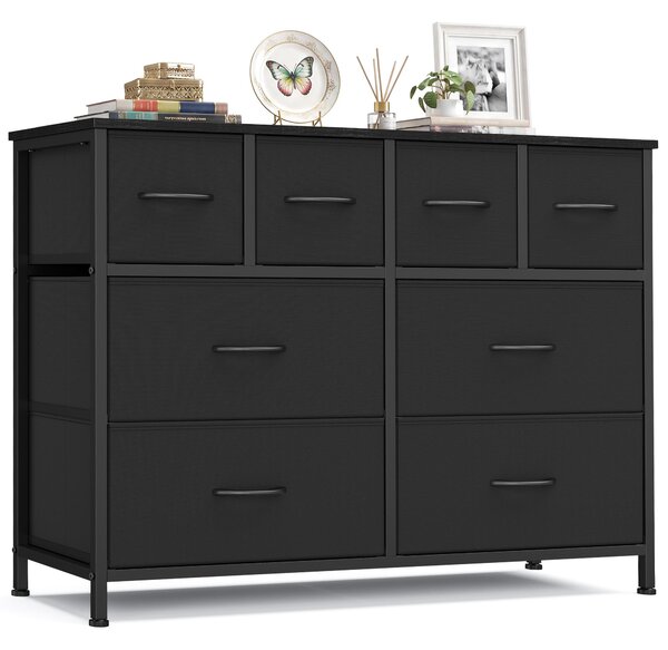 SONGMICS Komoda s 8 zásuvkami z látky, úložná skříň s kovovou konstrukcí, rozměry 98,7 x 30 x 74,7 cm, černá barva
