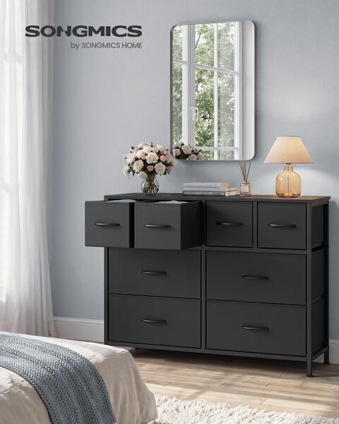 SONGMICS Komoda s 8 zásuvkami z látky, úložná skříň s kovovou konstrukcí, rozměry 98,7 x 30 x 74,7 cm, černá barva