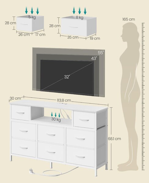 SONGMICS Komoda s 8 zásuvkami z látky, televizní stolek s LED osvětlením a zásuvkami, rozměry 113,8 x 30 x 68,1 cm, bílá barva