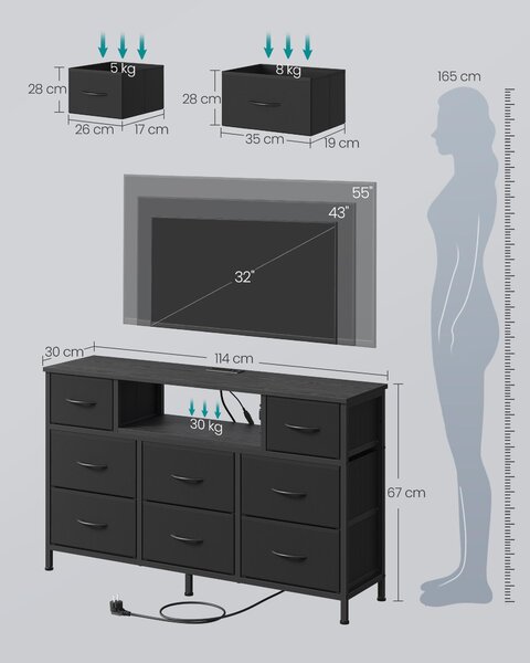 SONGMICS Komoda s 8 zásuvkami z látky, televizní stolek s LED osvětlením a zásuvkami, rozměry 113,8 x 30 x 68,1 cm, černá barva