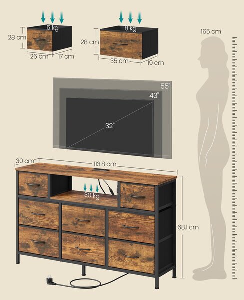 SONGMICS Komoda s 8 zásuvkami z látky, televizní stolek s LED osvětlením a zásuvkami, rozměry 113,8 x 30 x 68,1 cm, barva vintage hnědá