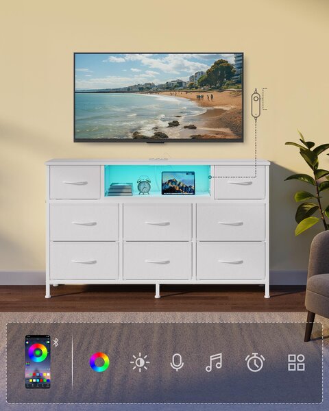 SONGMICS Komoda s 8 zásuvkami z látky, televizní stolek s LED osvětlením a zásuvkami, rozměry 113,8 x 30 x 68,1 cm, bílá barva