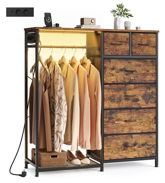 SONGMICS, stojan na oblečení se 6 zásuvkami, LED osvětlením, zásuvkami a úložným prostorem na boty, rozměry 102,7 x 35 x 117,6 cm, barva: hnědá
